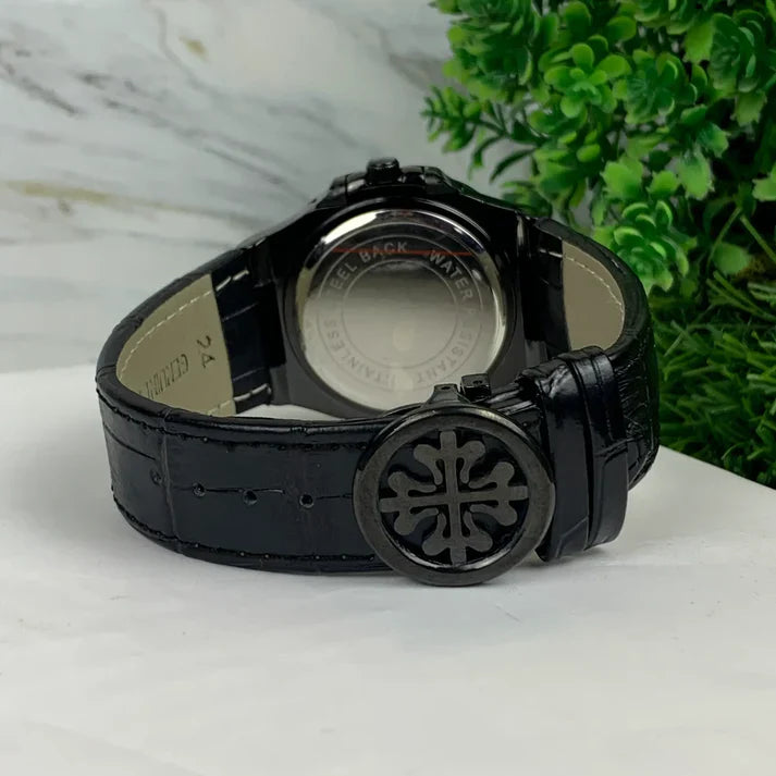 Lamha Patek philippe Black strap watch with embossed clasp and leather band, shown from the back