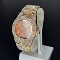 Patek Philippe Ice Dout rose gold Watch encrusted with diamonds and displayed on a white stand
