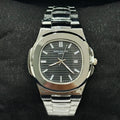 Patek Philippe Watch in Silver Black Color with stainless steel band and black dial showing time