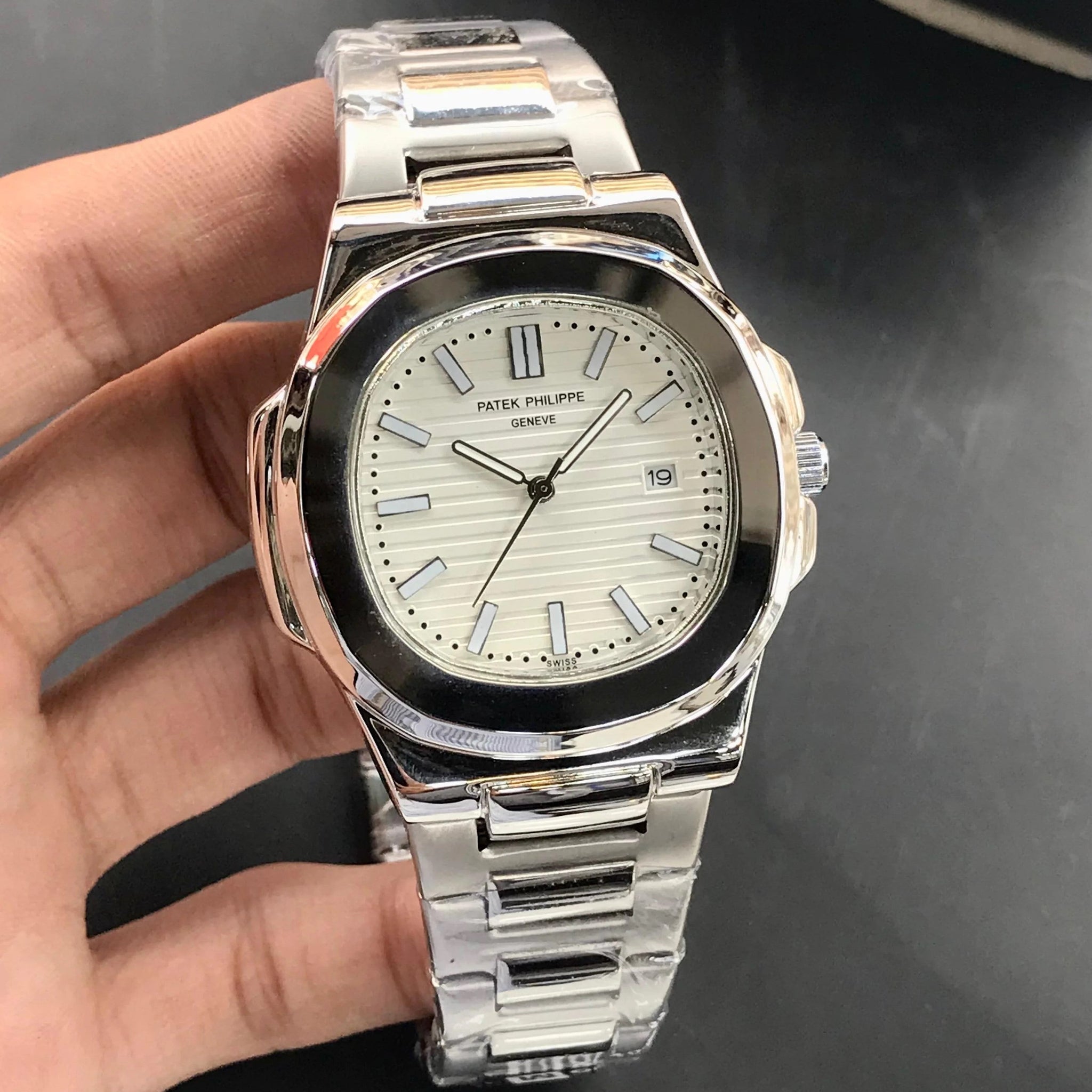 Lamha patek philippe watch in silver white with stainless steel band and date display