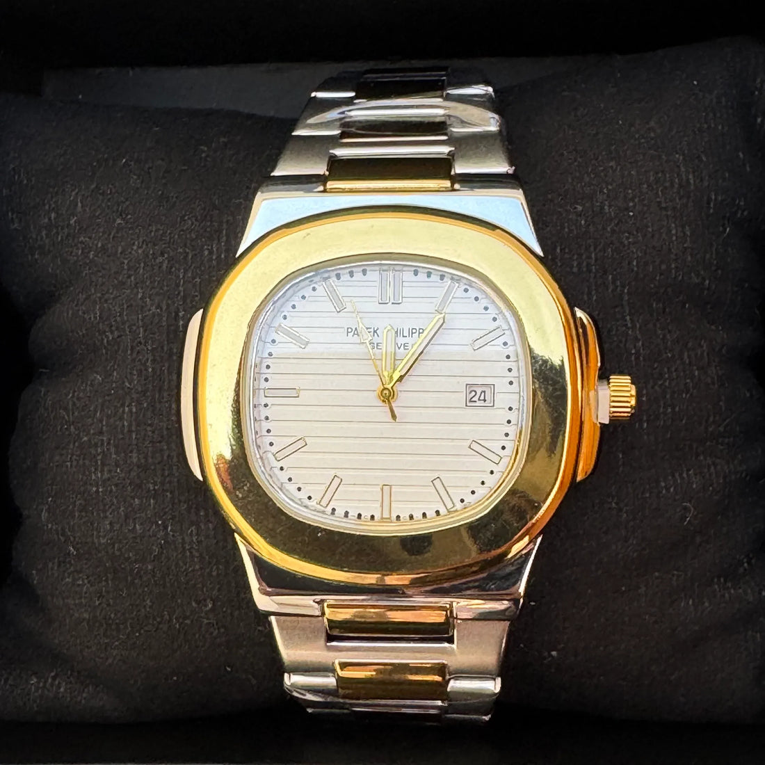 Patek Philippe Watch Two Tone White in Pakistan showing gold and silver bracelet with white dial and date display
