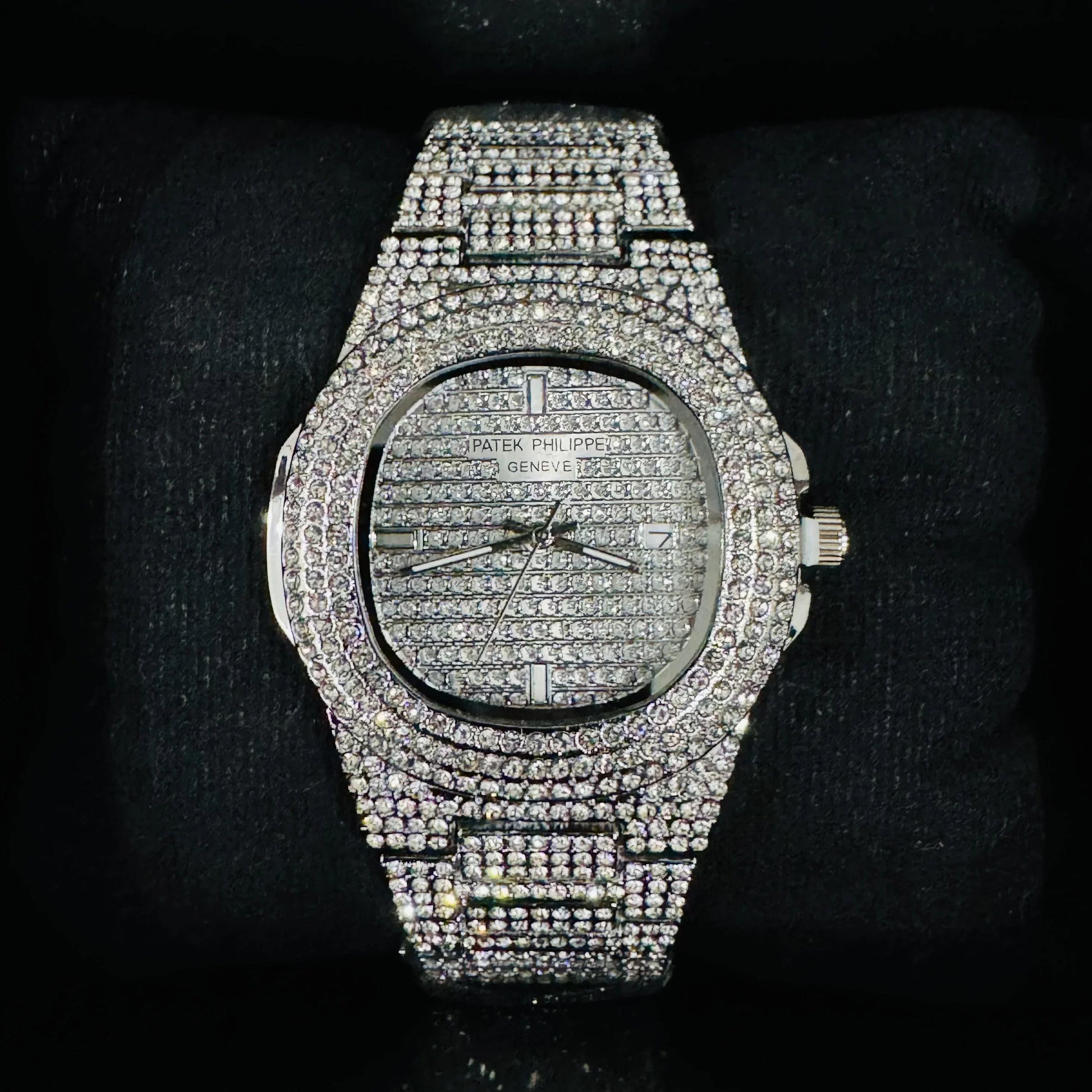 Patek Philppe Icedout luxury watch by Lamha with sparkling stones covering the entire band and face