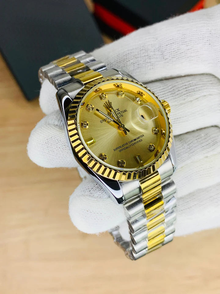RLX Oyster Perpetual Date Two Tone Golden watch with diamond hour markers and stainless steel band