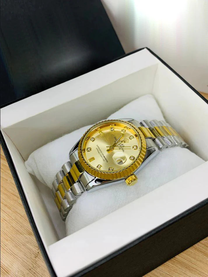 RLX Oyster Perpetual Date Two Tone Golden watch with diamond hour markers and stainless steel band