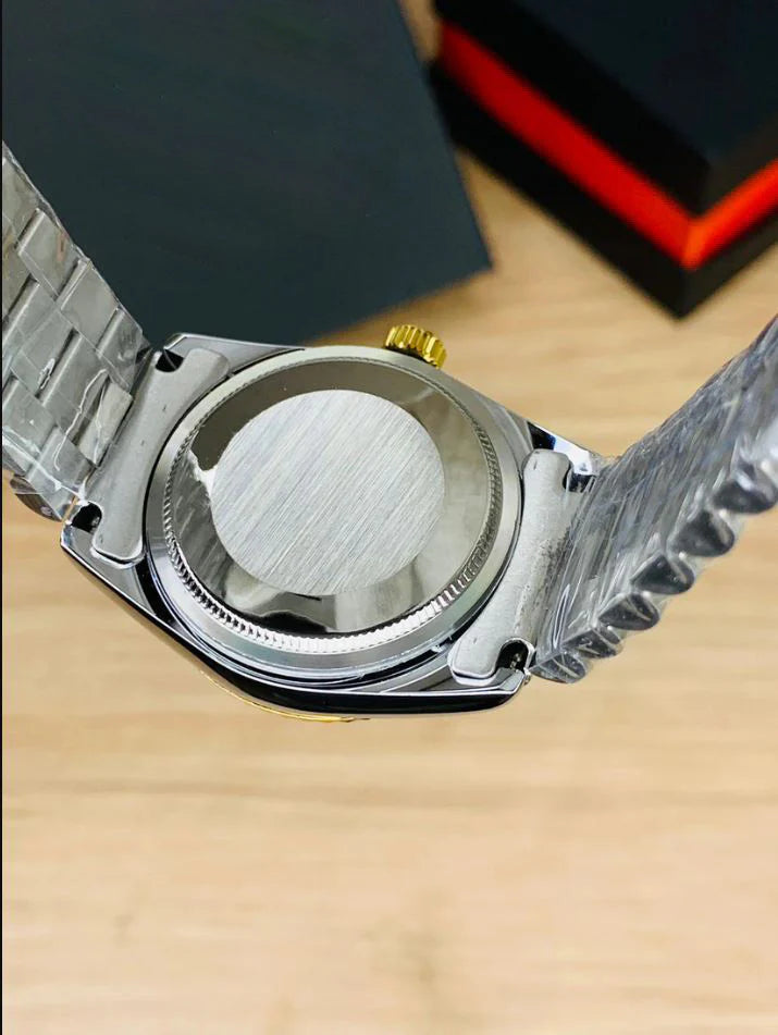 Back view of RLX Oyster Perpetual Watch Date Just in Two Tone in Silver showing metal bracelet and case back