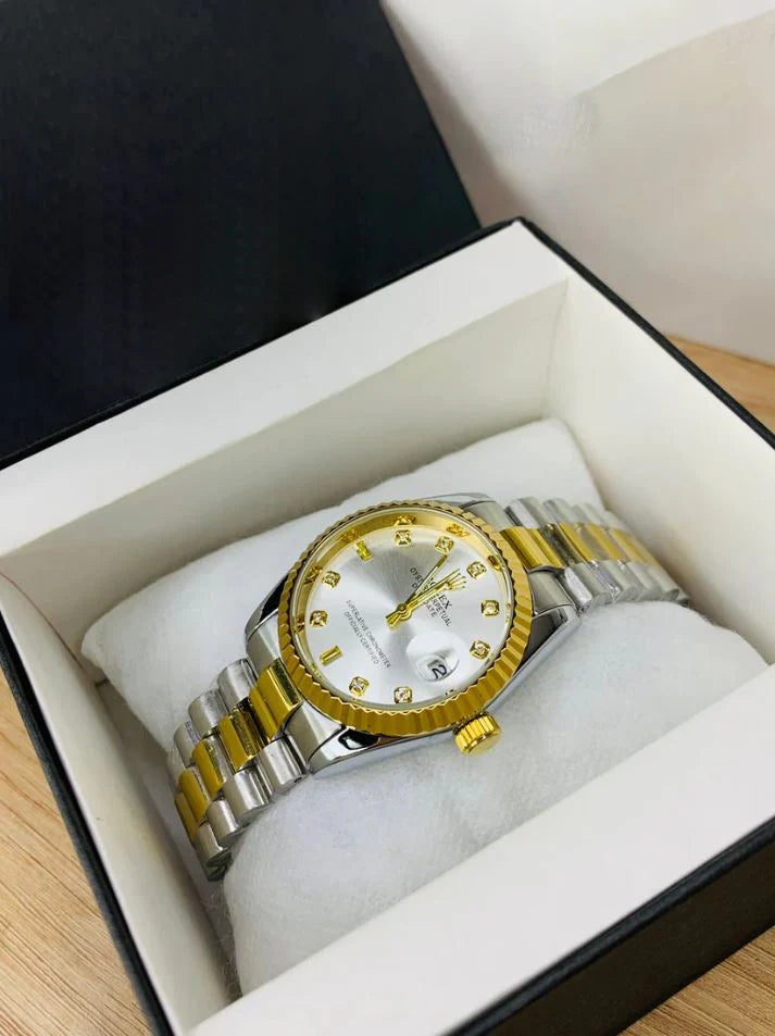 RLX Oyster Perpetual Watch Date Just in Two Tone in Silver with gold accents and diamond hour markers
