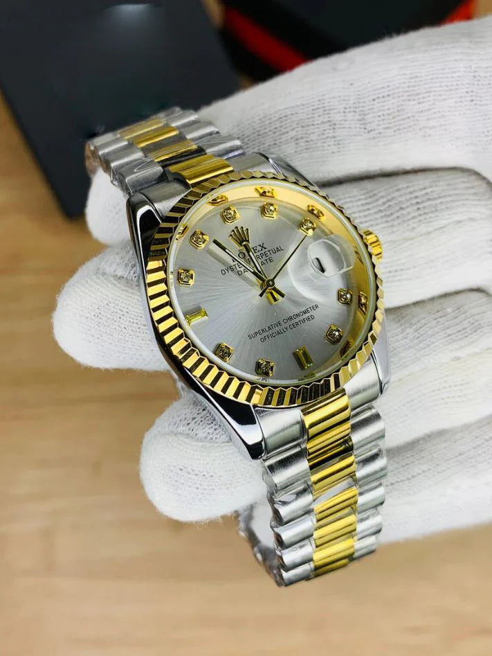 RLX Oyster Perpetual Watch Date Just in Two Tone in Silver with gold accents and diamond hour markers