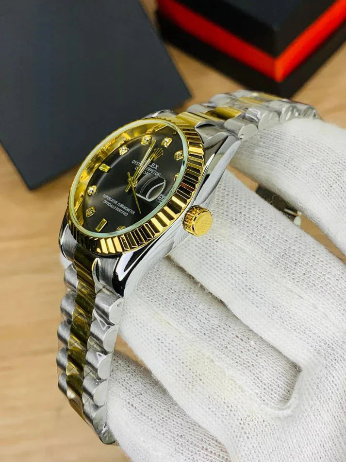 RLX Oyster Perpetual Watch Date Just in Two Tone Black with gold and silver bracelet and diamond markers