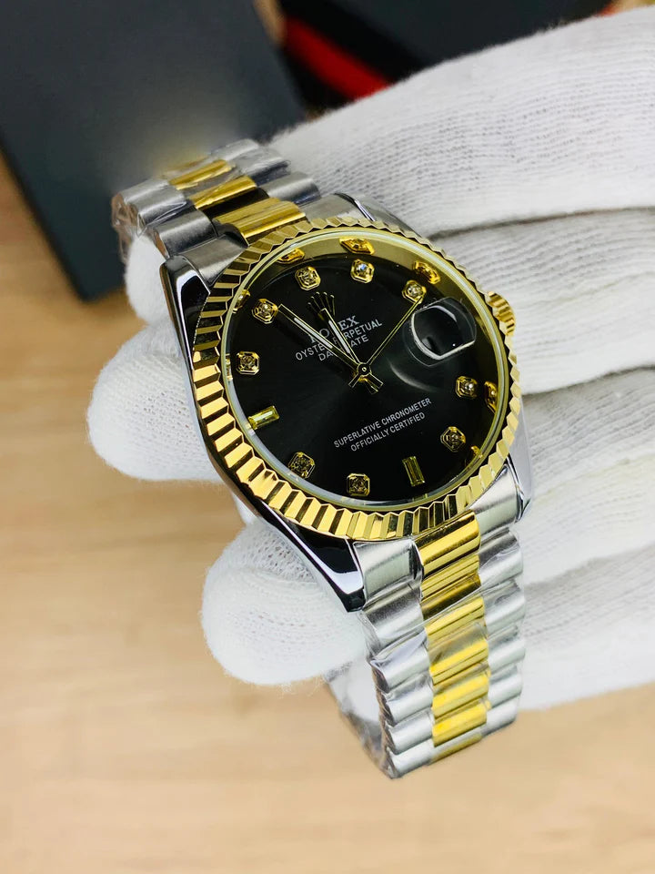 RLX Oyster Perpetual Watch Date Just in Two Tone Black with gold and silver bracelet and diamond markers
