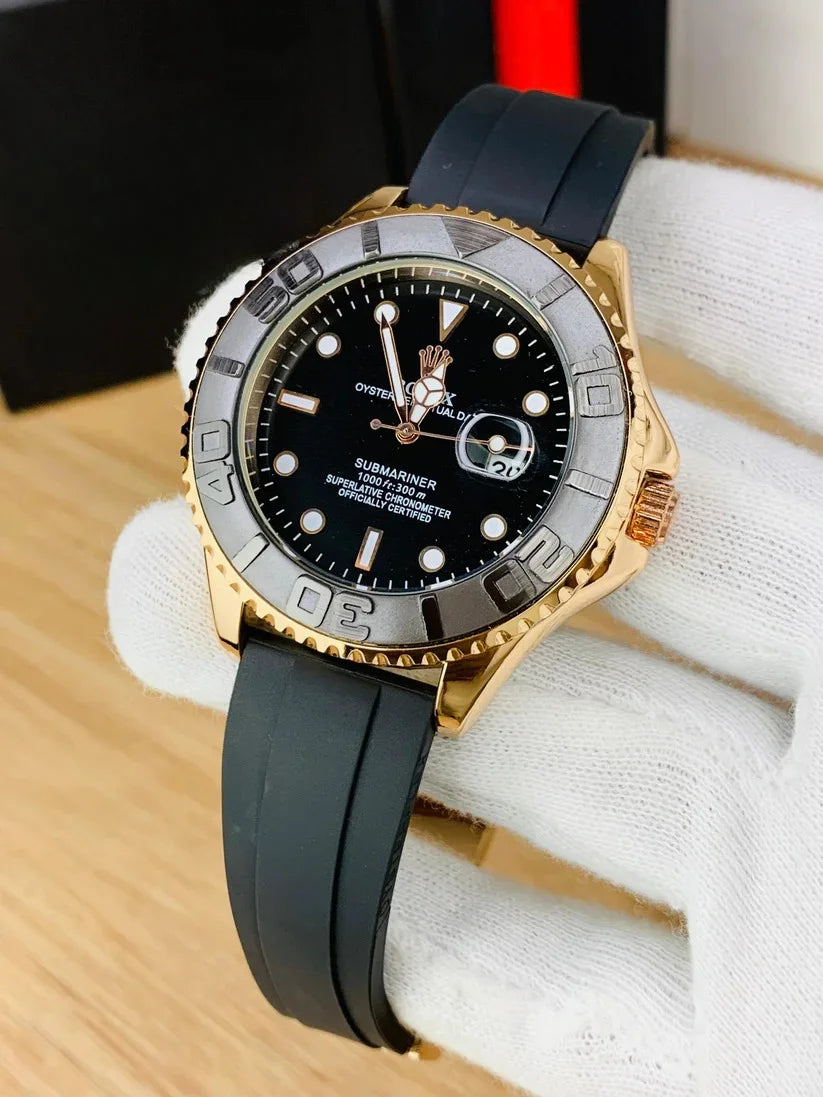 Rose gold black rolex watch for men with black dial and rubber strap by Lamha