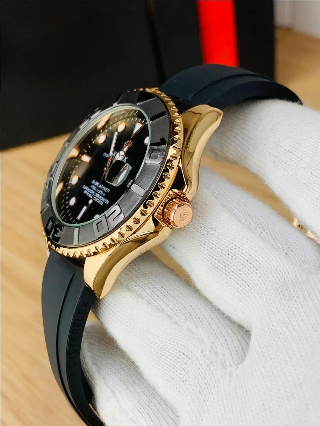 Lamha rose gold black rolex watch for men with black dial and rubber strap