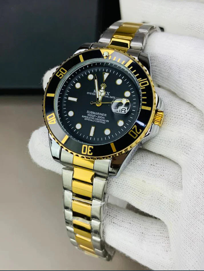 Rolex Submariner Date Watch Two Tone Black with gold and silver metal bracelet held by white glove
