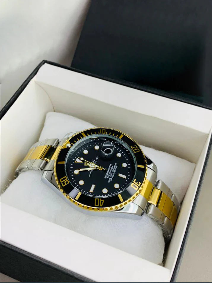 Rolex Submariner Date Watch Two Tone Black with gold and silver metal bracelet held by white glove