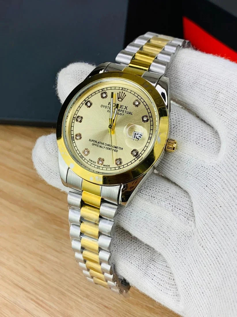 Rolex Watch for Men in Pakistan two-tone gold and silver with diamond hour markers held by gloved hand