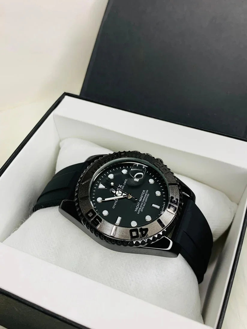 Rolex Yacht Master Date Just full black watch with black dial and rubber strap in presentation box