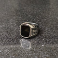 Lamha silver medusa ring for men with black rectangular stone and detailed side engravings