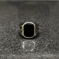 Lamha silver medusa ring for men with black rectangular stone and intricate side detailing