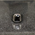Silver onyx emperor ring for men with square black stone and intricate metalwork design