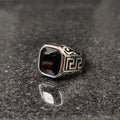 Silver onyx emperor ring for men with black rectangular stone and intricate side engravings