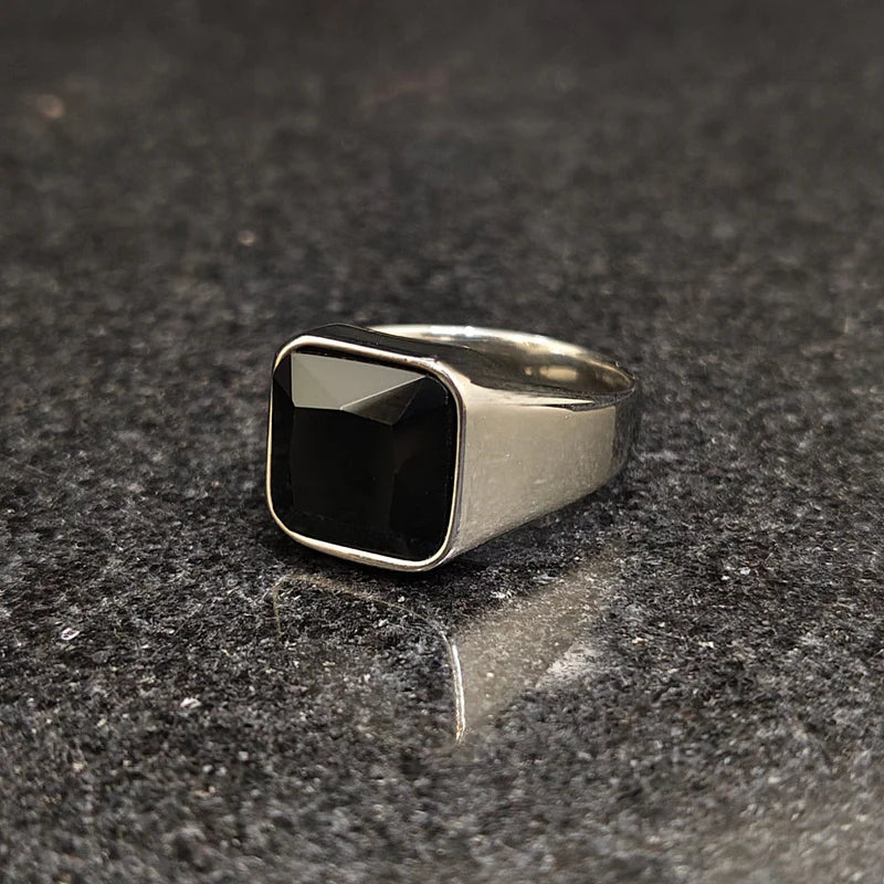 Lamha Silver Onyx Ring for men with a square black onyx stone set in polished silver band