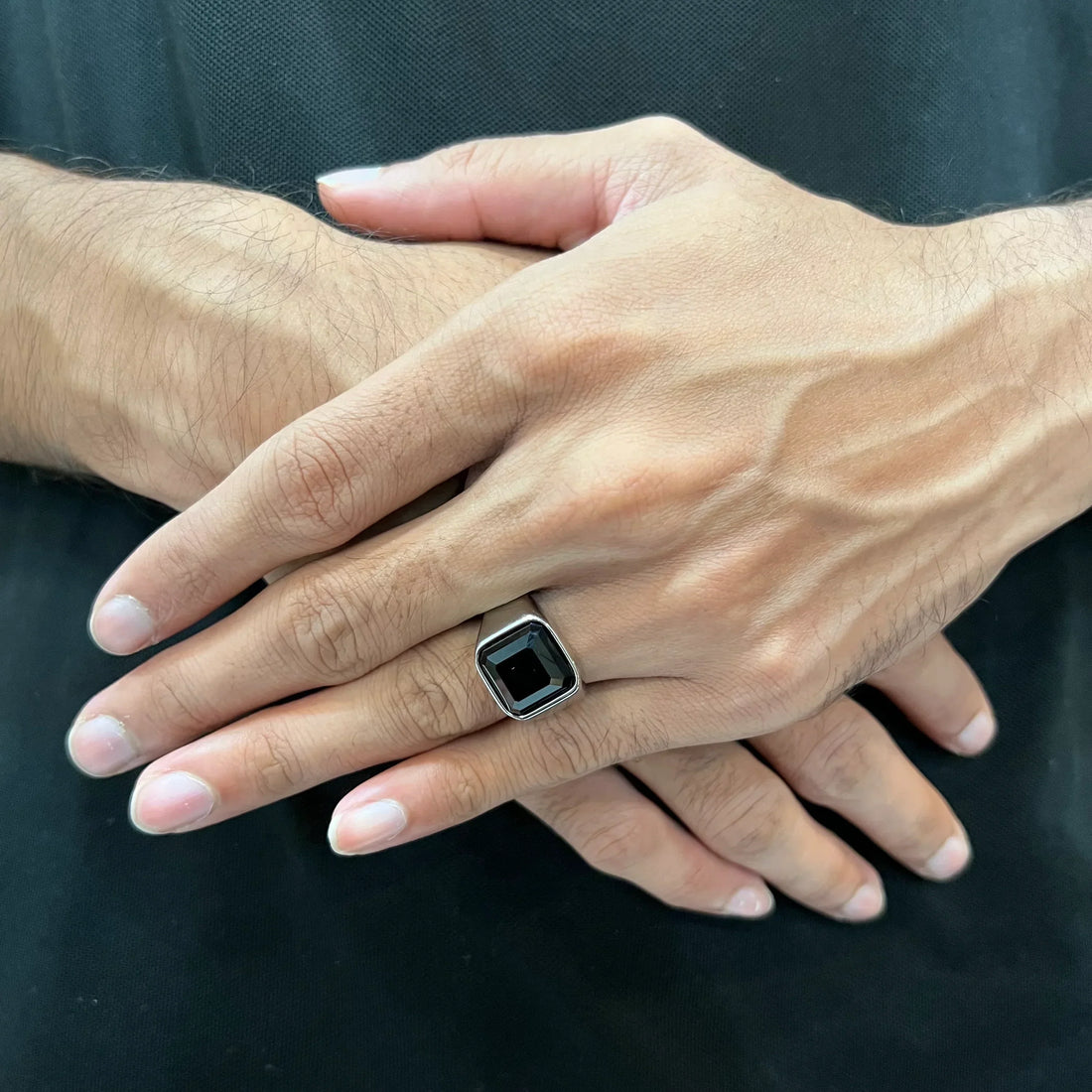 Lamha Silver Onyx Ring for men with a square black onyx stone set in polished silver band