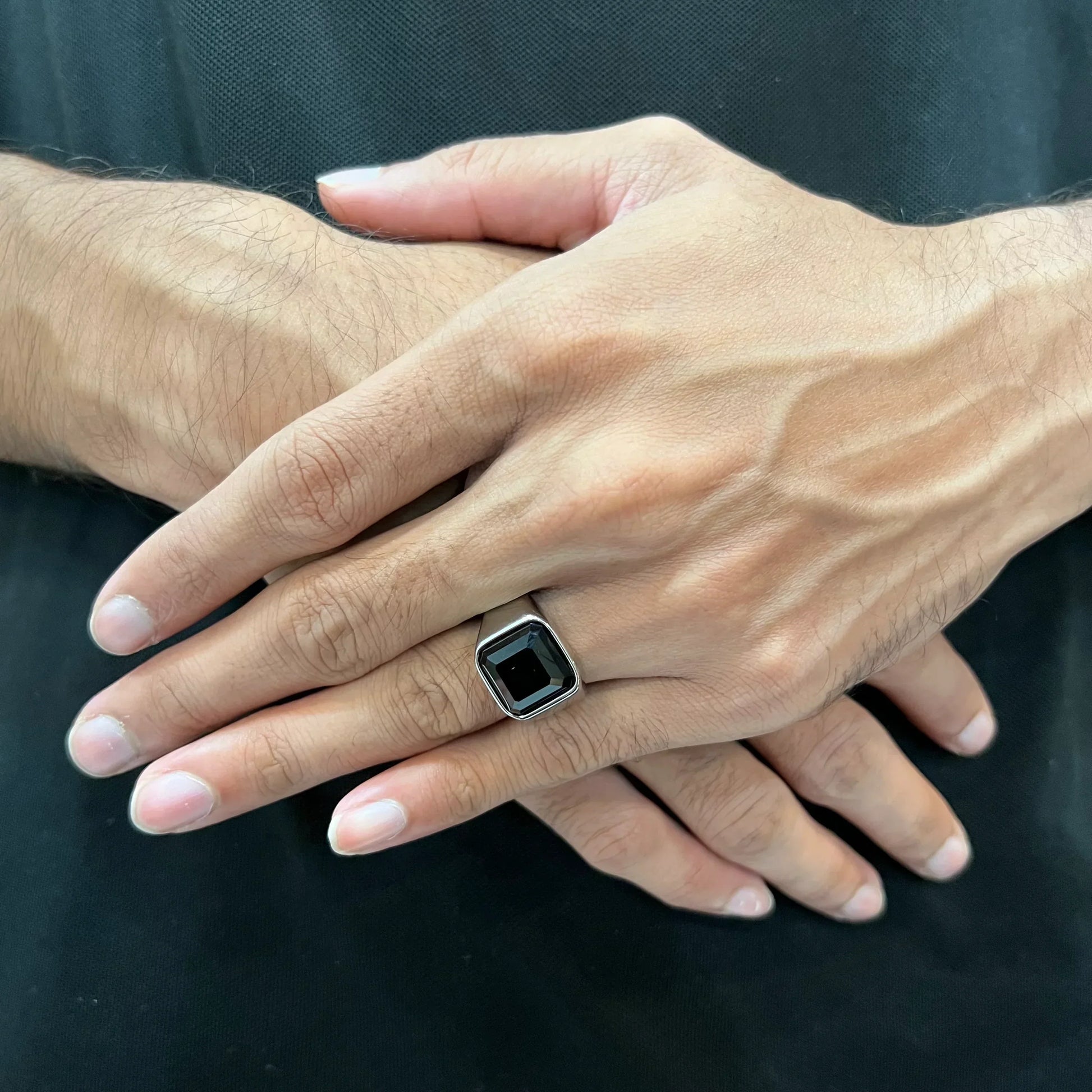 Silver Onyx Ring for men worn on hand with black square stone and silver band by Lamha