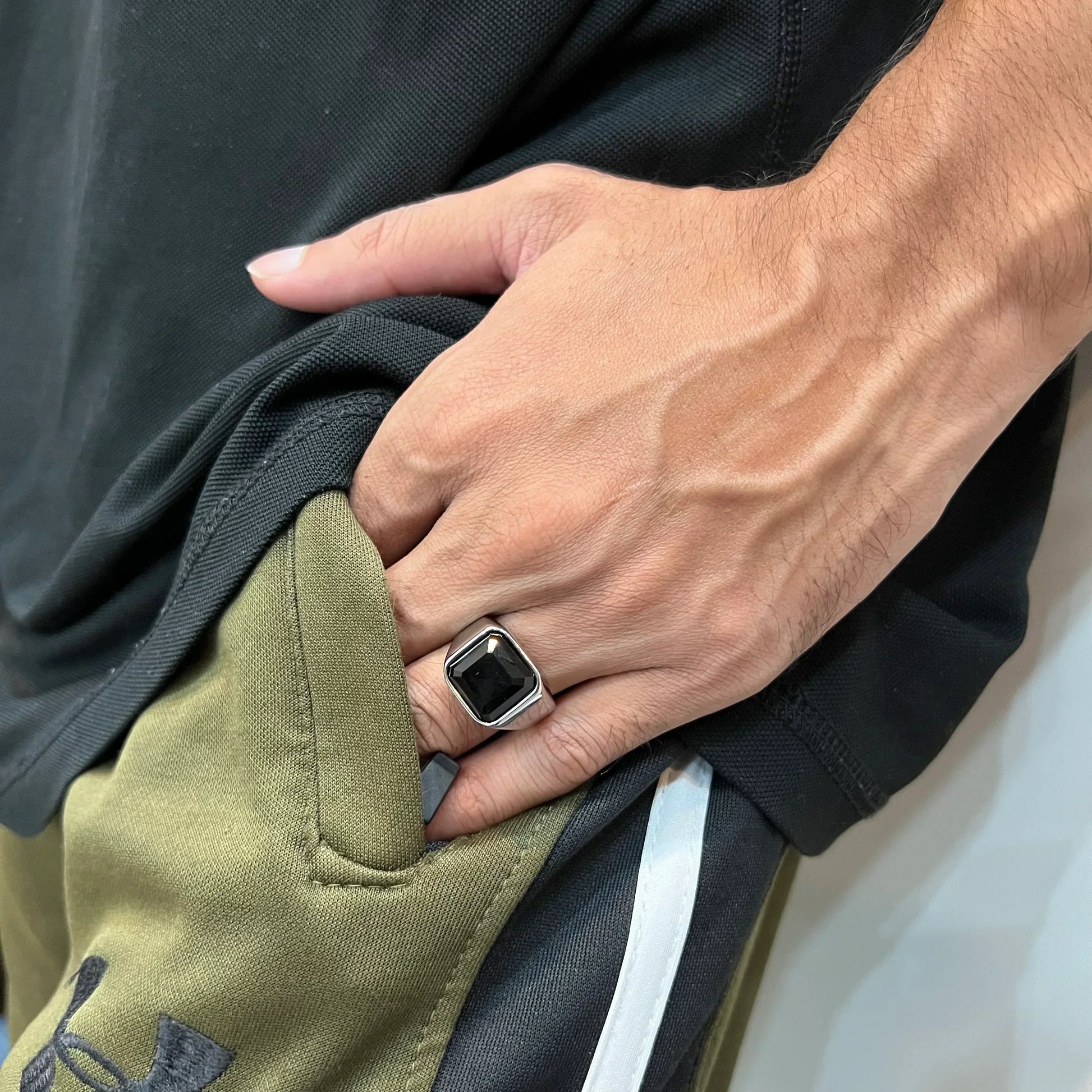 Silver Onyx Ring for men worn on hand with black stone and silver band by Lamha