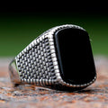 Silver retro ring for men with textured band and large black rectangular stone by Lamha