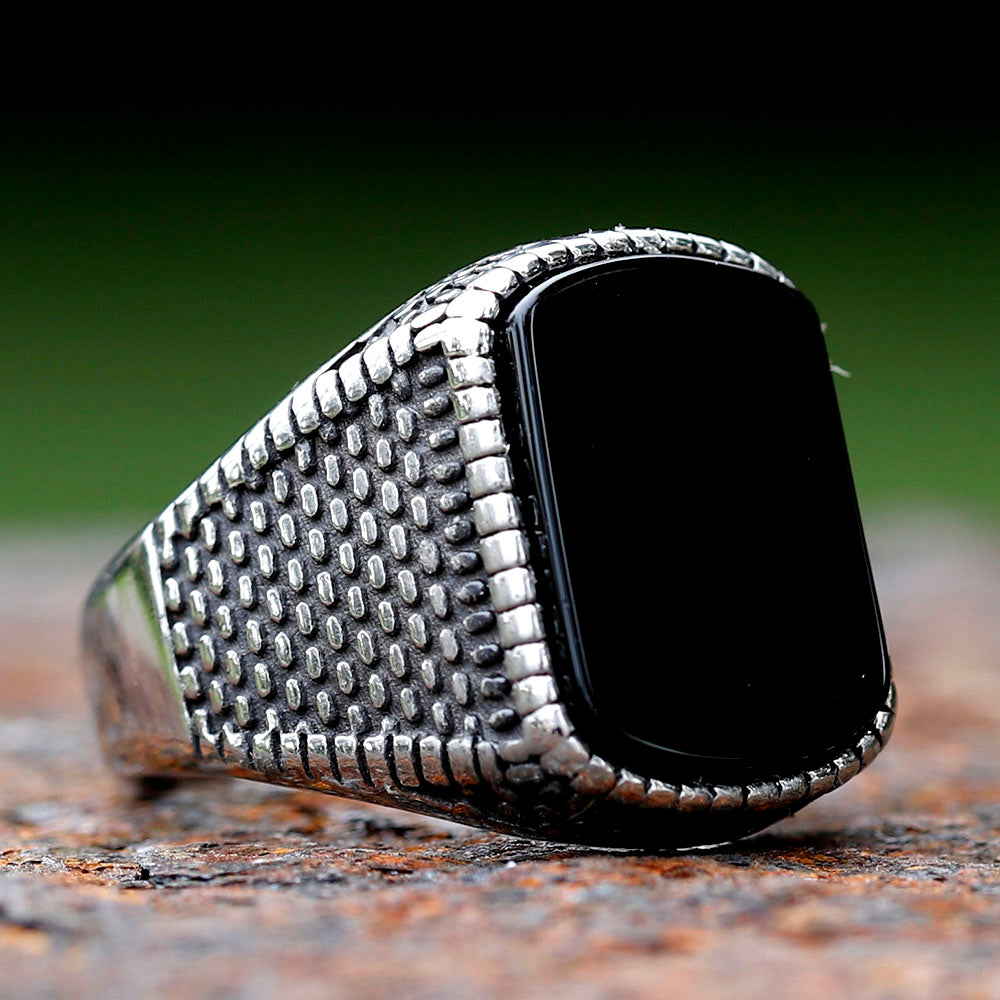 Silver retro ring for men with textured band and large black rectangular stone by Lamha