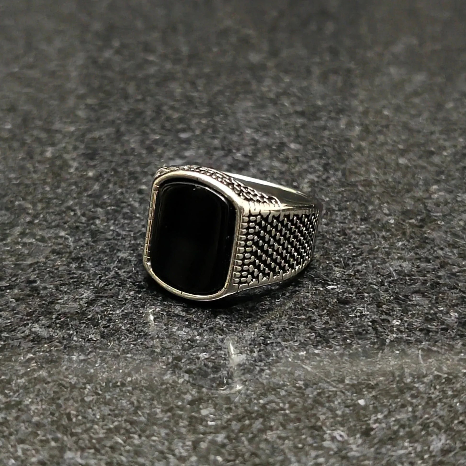 Silver retro ring for men with black rectangular stone and textured band by Lamha
