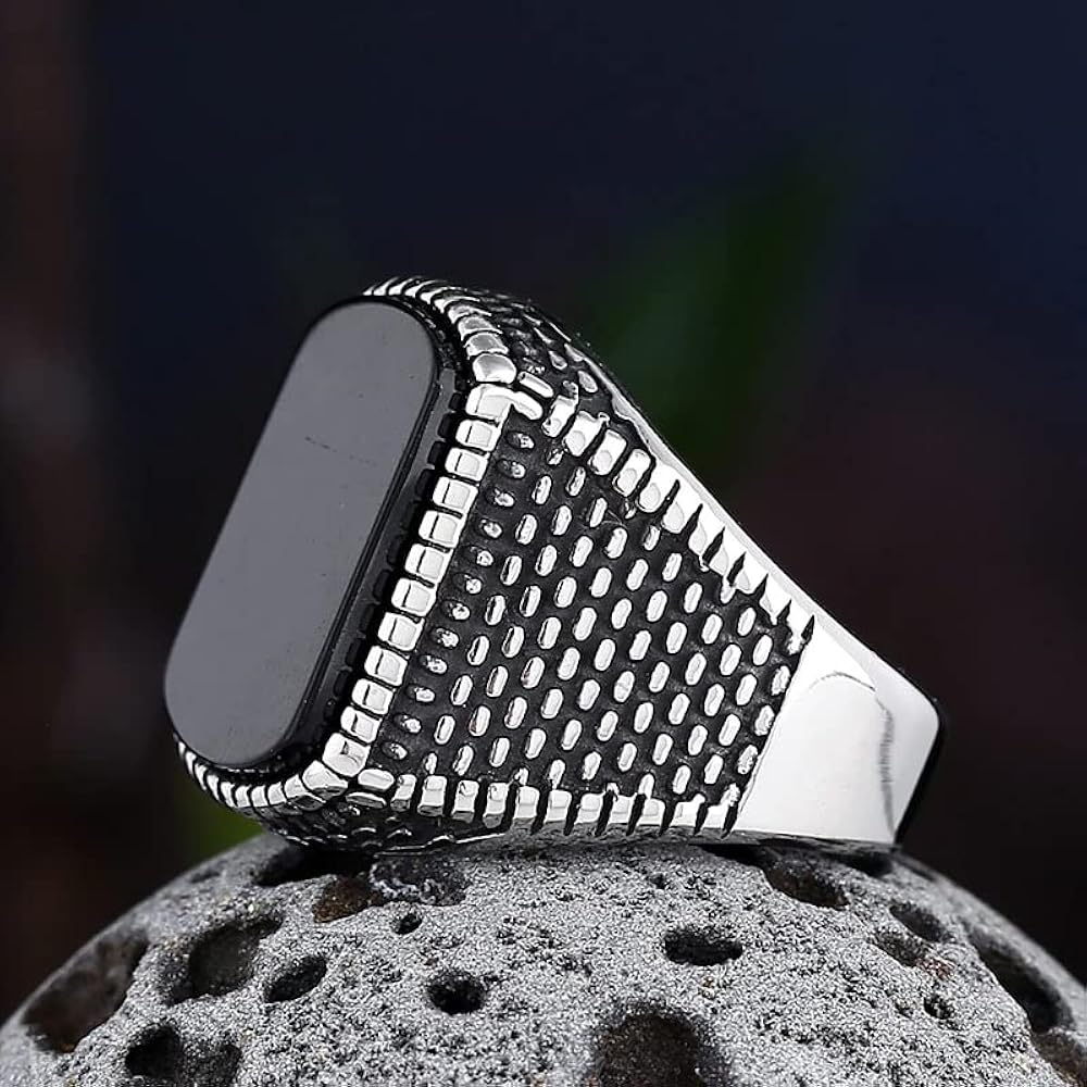 Silver retro ring for men with textured design and polished finish by Lamha