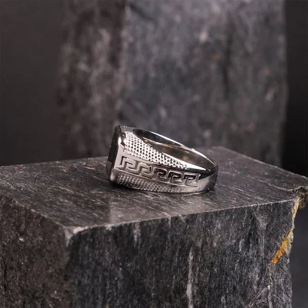 Silver Swiss Medusa Ring For Men with black rectangular stone and intricate band details