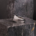 Silver Swiss Medusa Ring For Men with intricate Greek key design on a textured band