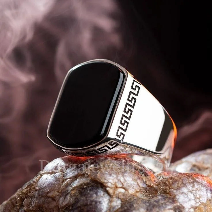 Silver versace medusa ring for men with black stone and intricate side detailing by Lamha