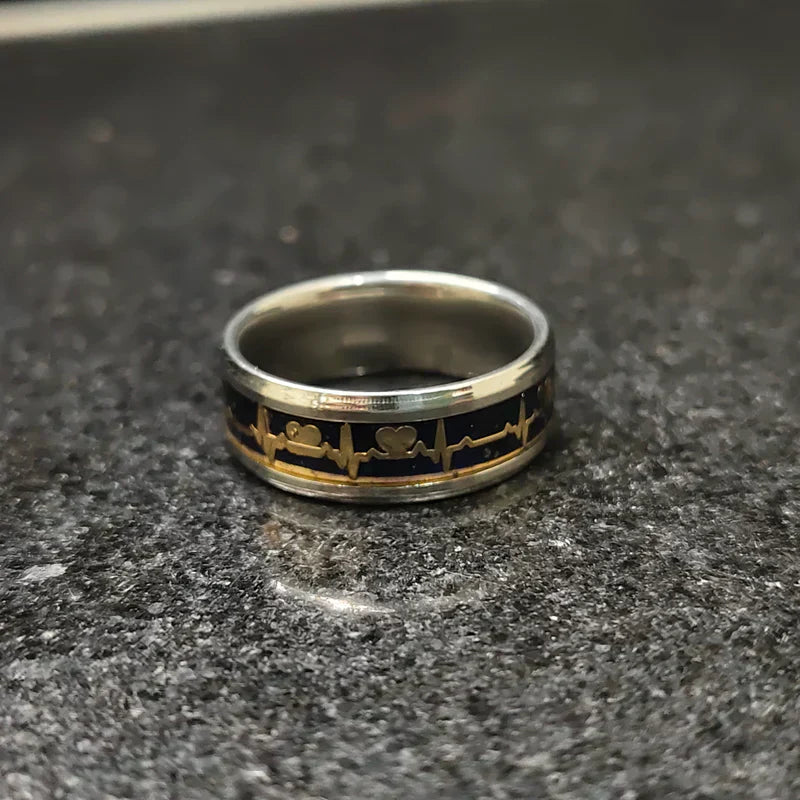 Lamha steal silver ring for men with black and gold heartbeat design on polished band