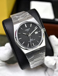 Tissot Prx Chain Watch In Silver Black with stainless steel bracelet and textured black dial