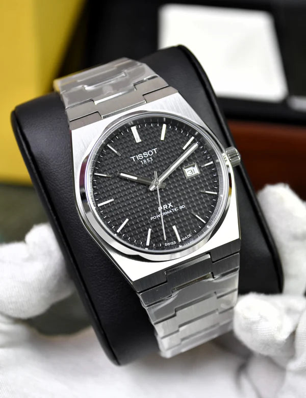 Tissot Prx Chain Watch In Silver Black with stainless steel bracelet and textured black dial