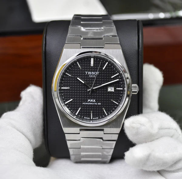 Tissot Prx Chain Watch In Silver Black with stainless steel bracelet and black textured dial