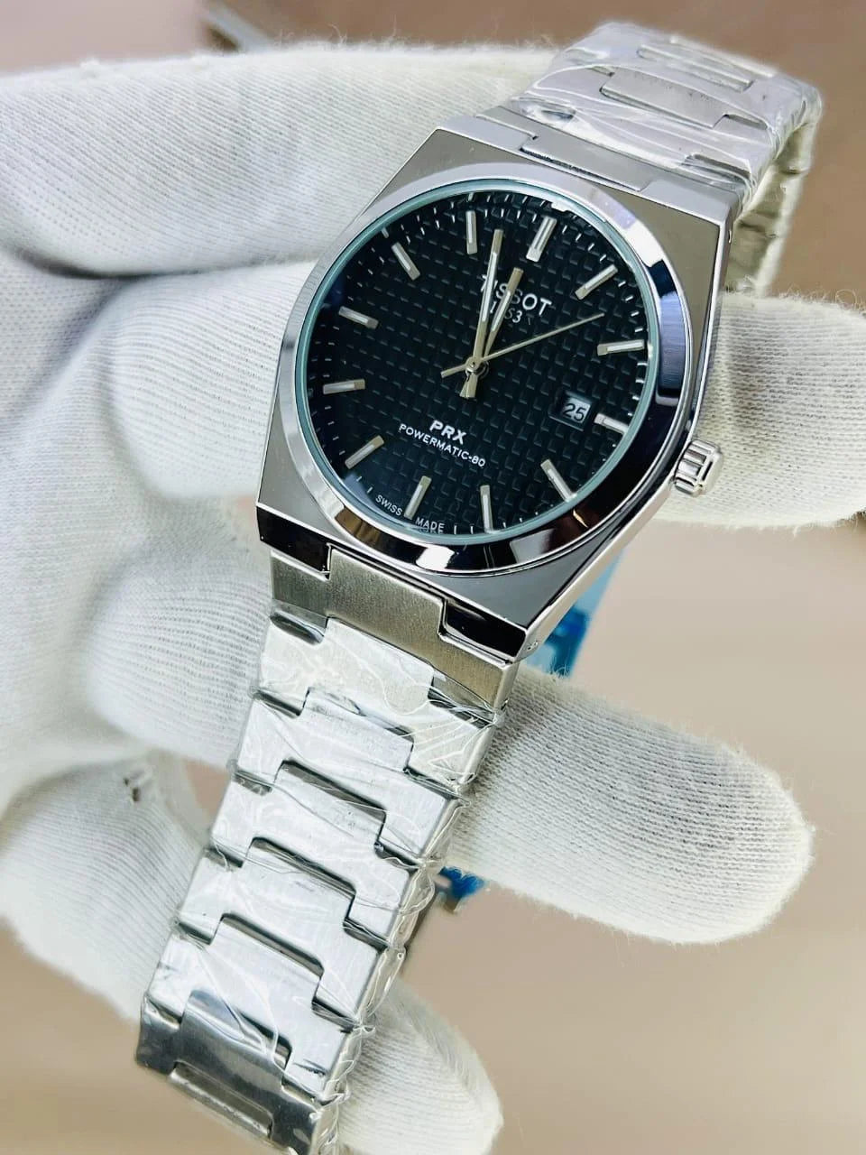 Tissot Prx Chain Watch In Silver Black with stainless steel bracelet and black textured dial