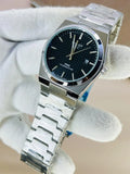 Tissot Prx Chain Watch In Silver Black with stainless steel bracelet and black textured dial