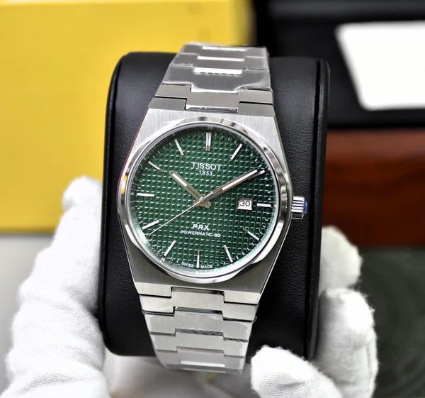 Tissot PRX Chain Watch in Silver Green featuring a textured green dial and stainless steel bracelet
