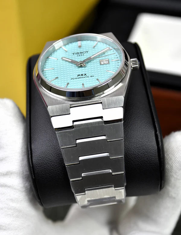 Tissot PRX Chain Watch in Silver Tiffny with textured blue dial and stainless steel bracelet