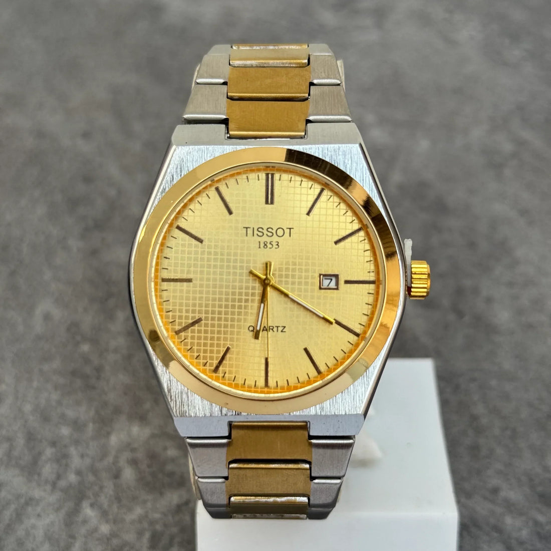 Tissot Prx Two Tone Watch In Gold with gold and silver stainless steel band and gold dial