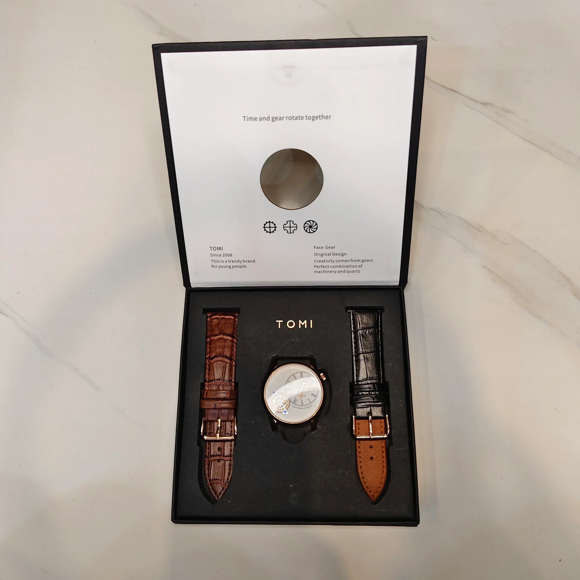 Tomi T 103 dual strap watch for men by Lamha with brown and black straps in a black gift box