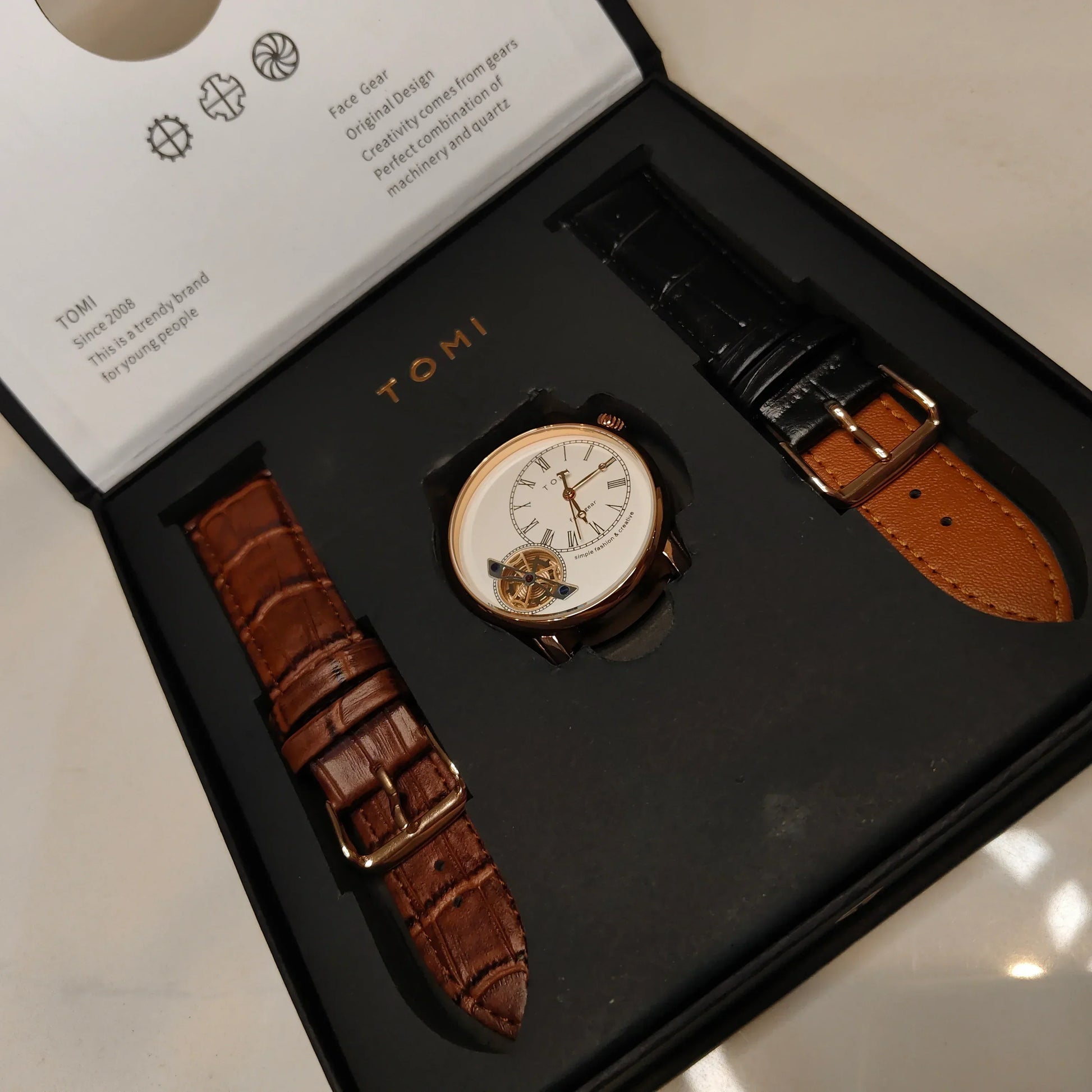 Tomi t 103 dual strap watch for men with interchangeable black and brown leather straps in black gift box