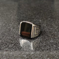 Silver Egyptian ring for men with black stone and intricate beaded side detailing