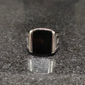 Silver Egyptian ring for men with black rectangular stone and detailed side engravings