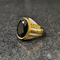 Silver gold oval medusa ring for men with black oval gemstone and intricate gold and silver patterns