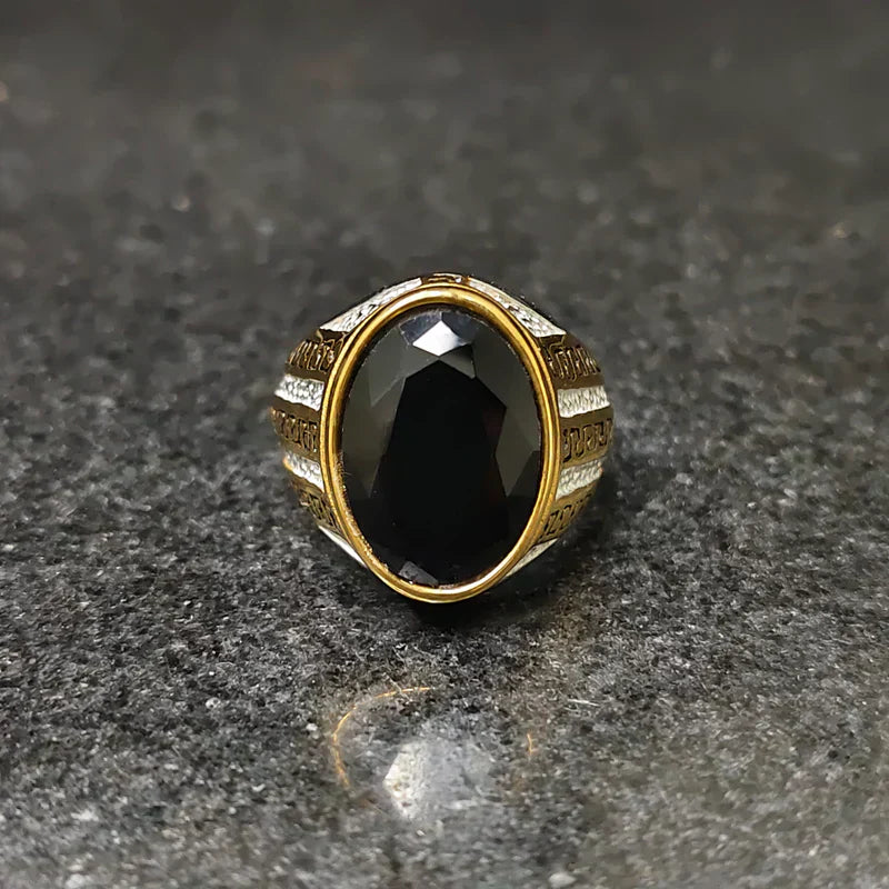 Silver gold oval medusa ring for men with a large black faceted stone centerpiece