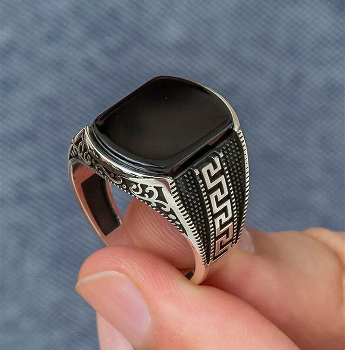 Silver medusa small pattern ring for men with black square stone and intricate side designs